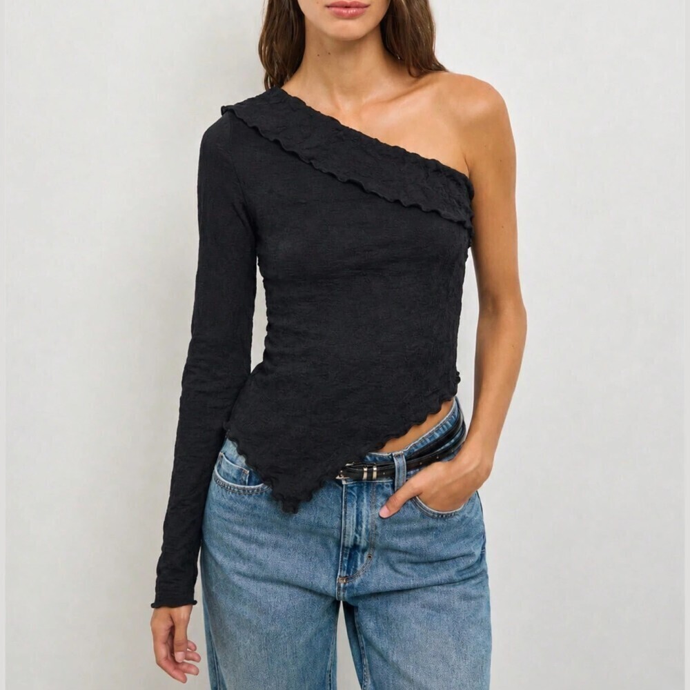 Black Textured Knit Asymmetrical Neck One Shoulder Tee Top
